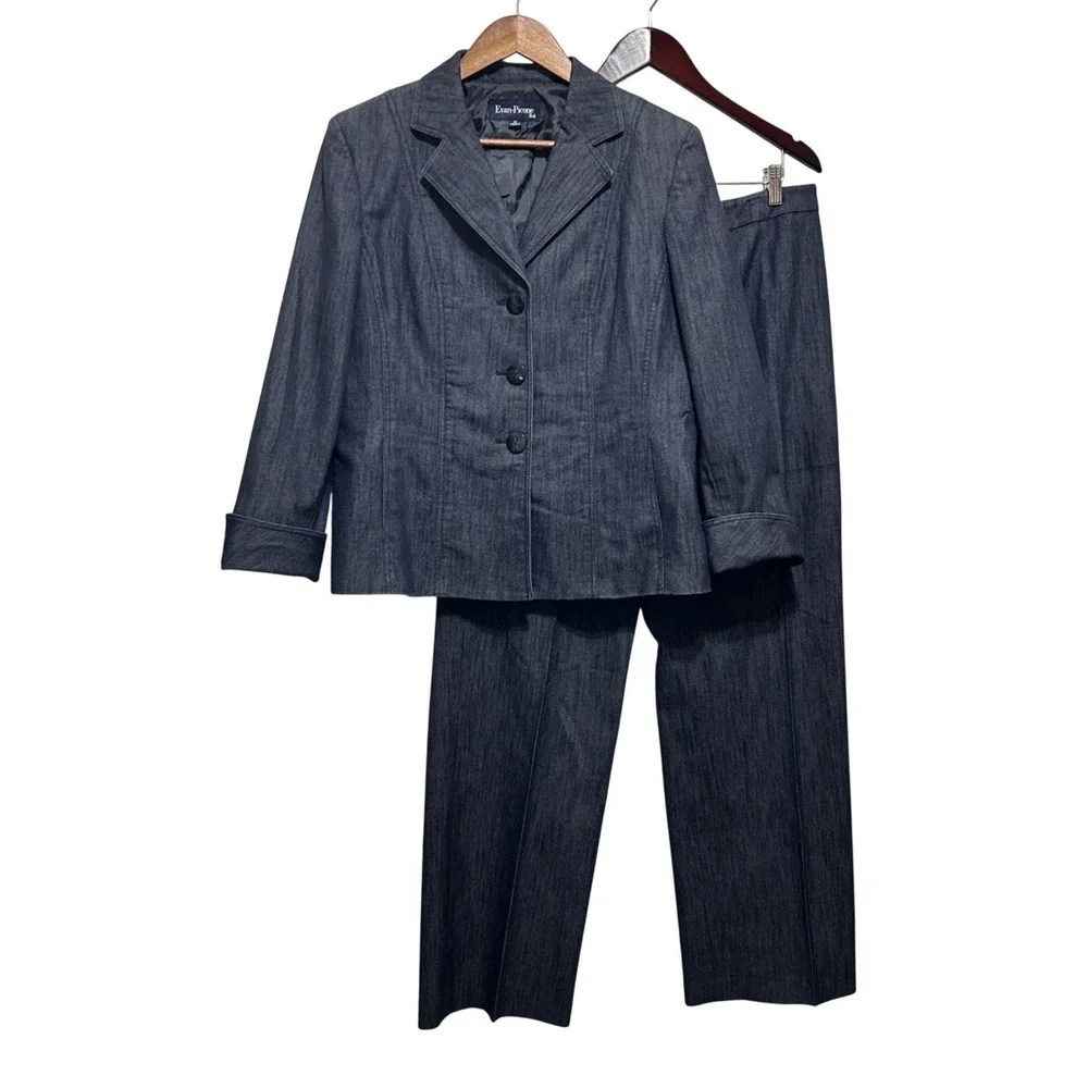 Evan Picone Women Denim Pant Suit 14 Blue Stretch Blazer Trousers Career Office - Picture 1 of 8
